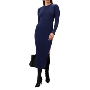 Marina Moscone Ribbed Knit Sweater Dress Navy Long Sleeve Sheath XL Designer
